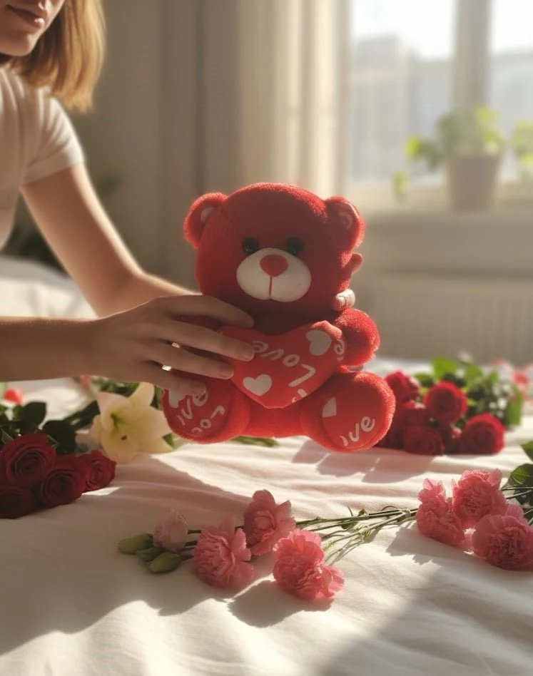 صورة دبدوب أحمر Love مع وسادة قلب - دمية قطيفة ناعمة من Zambeel - الألعاب والجيمينج