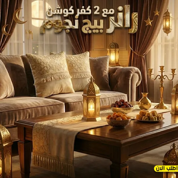 صورة طقم رانر سفرة مع 2 كفر كوشن بيج بنقشة نجوم