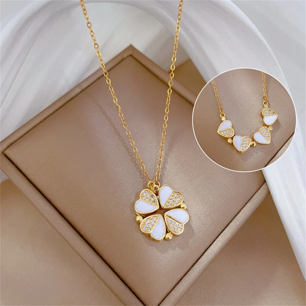 صورة Luxury Four Leaf Clover Pendant Necklace Stainless Steel Crystal Heart Jewelry For Women Gift - الملابس والأزياء